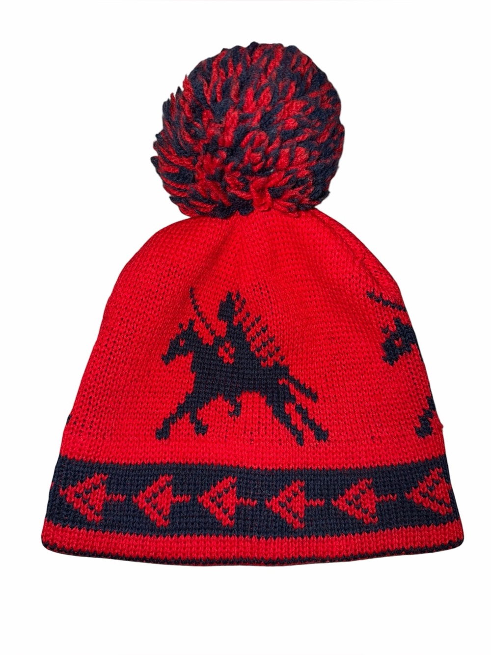 Vintage Wigwam Wool Knit Beanie Winter Ski Hat red blue Native American horse